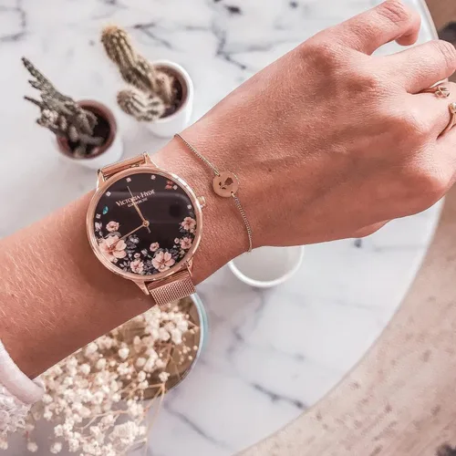 Vista 5 de VICTORIA HYDE Relojes de cuarzo para mujer, esfera floral con correa de malla de acero inoxidable, correa de cuero auténtico, impermeable, reloj