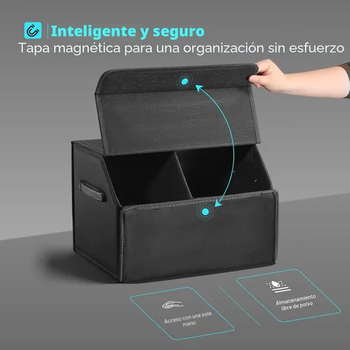 Vista 4 de Fyzeoty Organizadores de coche para maletero para SUV Sedán, caja de almacenamiento de cuero, tapa magnética, plegable y ajustable, 16.5 pulgadas