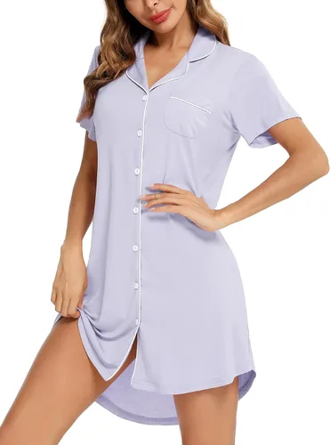 Vista 130 de Samring Camisón de pijama para mujer, manga corta/larga, con botones, camisón para dormir, camisón para novio, talla XXL