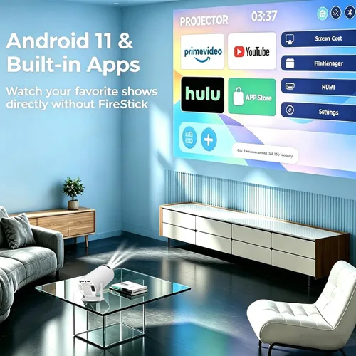 Vista 2 de Aplicaciones integradas: mini proyector con WiFi y Bluetooth, compatible con proyector portátil de 1080P con Android 11, 160 lúmenes ANSI, rotación