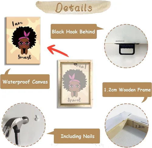 Vista 5 de Lienzo enmarcado para pared, póster motivacional de niña negra, pintura artística de niña afroamericana, arte de pared inspirador de niña negra