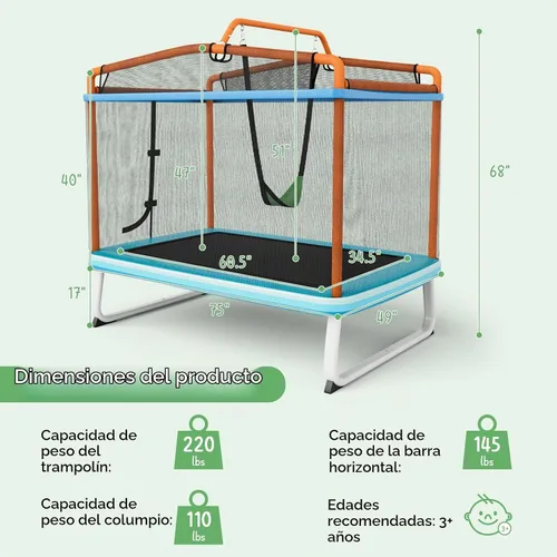 Vista 6 de Giantex - Cama elástica de 6 pies rectangular con columpio, cama elástica mini para niños aprobada por ASTM con red, barra horizontal, cierres