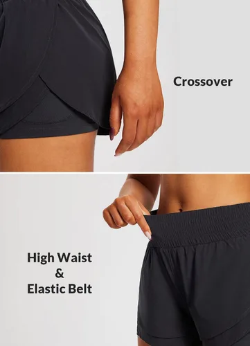 Vista 3 de BALEAF Pantalones cortos de elastano 2 en 1 para mujer, cintura alta, 3 pulgadas, bolsillos con forro