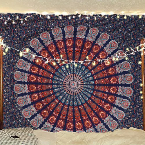 Vista 24 de Tapiz hippie indio bohemio psicodélico dorado azul pavo real mandala colgante en la pared (negro blanco, Queen (84 x 90 pulgadas) (84.6 x 90.6 in)