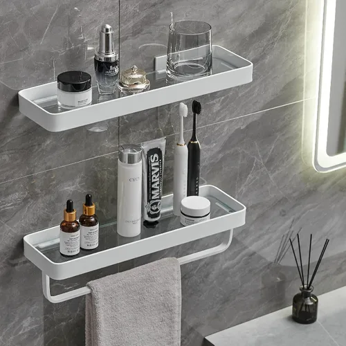 Vista 12 de VOLPONE Estantes de baño Estante de vidrio montado en la pared para estante flotante, estantes de vidrio templado, organizador de pared de baño de 2