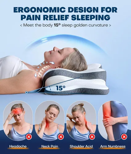 Vista 8 de Almohada cervical para el cuello 5X para aliviar el dolor, almohada ergonómica refrescante para dormir, almohadas de espuma viscoelástica