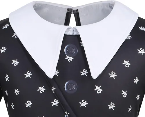 Vista 6 de LAUPHIE Vestido de miércoles para niñas, disfraz de miércoles con collar, calcetines y bolsa