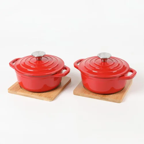 Vista 11 de HAWOK Mini horno holandés de hierro fundido, diámetro 5.51 pulgadas, 23 onzas, con bandeja de bambú, juego de 2, pre-sazonado