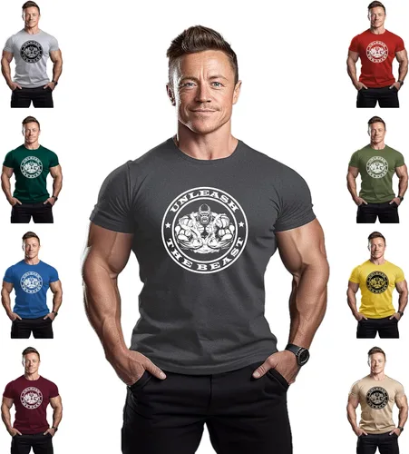 Vista 3 de ReedCA Unleash The Beast - Camiseta de manga corta para hombre, camiseta de entrenamiento atlético, para gimnasio, fisicoculturismo y fitness