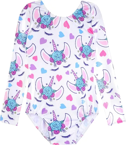 Vista 11 de HOZIY - Leotardos de manga larga para niñas, de gimnasia, para niños pequeños, trajes florales de unicornio, galaxia, arco iris, patrón de rayas