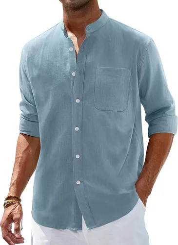 Vista 19 de Alimens & Gentle Camisas de algodón y lino para hombre, camisa de manga larga con botones, cuello de banda, camisas de playa