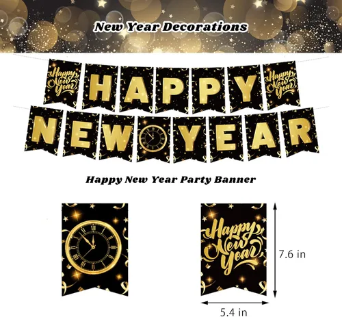 Vista 4 de Decoraciones de Año Nuevo 2025, suministros de fiesta de feliz año nuevo negro dorado con banderines, espirales colgantes, accesorios de cabina