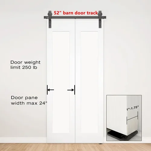 Vista 2 de Kit de herrajes para puerta de granero plegable de 52 pulgadas para 2 puertas, rodillo resistente montado en riel negro y en la parte superior, kit