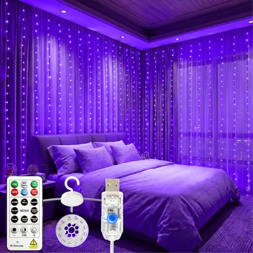 Vista 12 de HXWEIYE 300 luces LED de cortina sin enredos, 9.8 x 9.8 pies, USB, control Blanco cálido