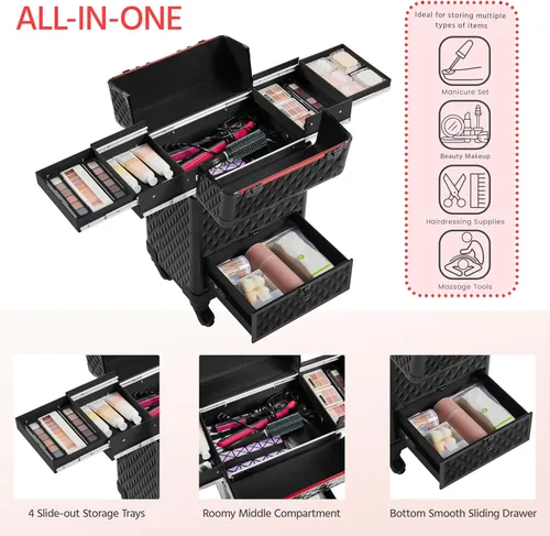 Vista 3 de Yaheetech Estuche de Maquillaje Tipo Tren con Ruedas, Estuche de Aluminio para Cosméticos con Ruedas, Estuche de Barbero para Salón, Carrito