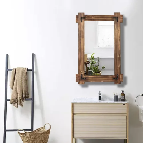 Vista 9 de MeMoreCool Espejo rústico de madera para baño, espejo decorativo con marco de granja para tocador, espejo rectangular de pared para dormitorio
