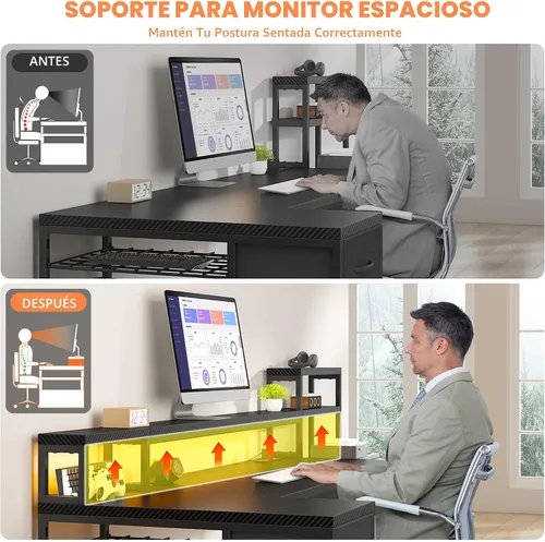 Vista 7 de Escritorio para juegos en forma de L de 71 pulgadas con 3 cajones y estante superior, escritorio para computadora con soporte para monitor y toma