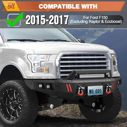 Vista 2 de Parachoques delantero para Ford F-150 2015-2017, F150 parachoques negro con placa de cabrestante, anillos en D, placa de matrícula de luces