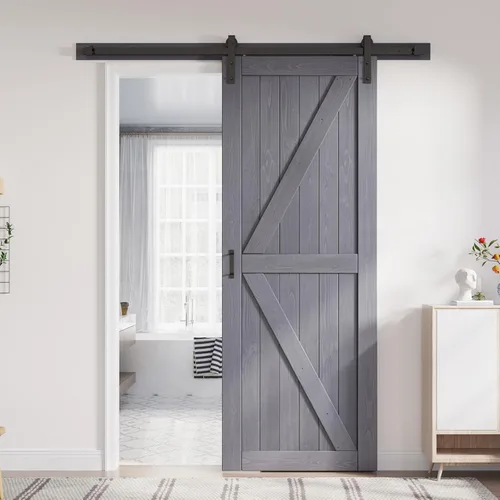 Vista 18 de FREDBECK Puertas dobles grises de 24 x 84 pulgadas, puerta de granero de 48 pulgadas con kit de herrajes para puerta de granero de 8 pies incluido