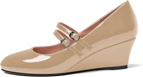 Vista 2 de SHOWFOREST Zapatos de tacón bajo con hebilla de punta redonda para mujer, con correa ajustable y correa ajustable, 2 pulgadas Beige