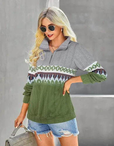 Vista 3 de Cestyle Sudadera de manga larga con cremallera de 14 para mujer, con cuello de retazos, de punto