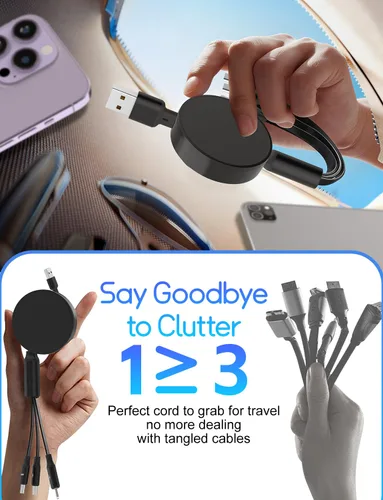 Vista 8 de Herfair Cable USB C retráctil de 5 A/100 W, cable de carga múltiple 3 en 1, cable de carga rápida para iPhone, iPad, Android, tableta, laptop