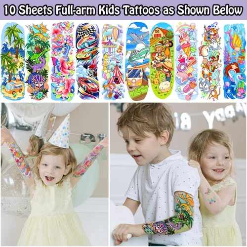 Vista 3 de Leesgel 66 hojas de tatuajes temporales para niños, tamaño mixto, calcomanías falsas de tatuajes con dinosaurios/coches/sirena, suministros