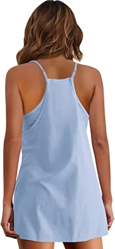 Vista 4 de OPISSU Vestido de tenis de verano para mujer con pantalones cortos, bolsillos, tirantes delgados, atlético, mini vestido de verano