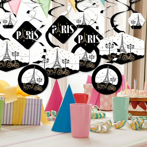 Vista 2 de Big Dot of Happiness Stars Over Paris - Decoración para colgar en fiestas con temática parisina - Remolinos de decoración para fiestas - Juego de 40