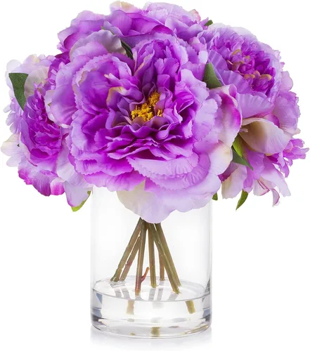 Vista 11 de ENOVA FLORAL Flores de seda de peonías en jarrón, flores falsas con agua sintética en jarrón de vidrio para decoración de mesa de comedor, centros