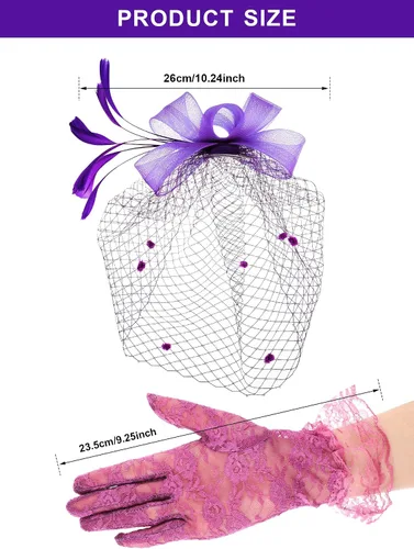 Vista 2 de Boao Sombrero de tocado con lazo, sombrero de fiesta de té, plumas, velo, diadema de malla y guantes cortos de encaje, guantes de encaje floral