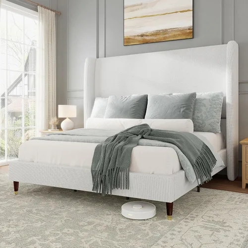 Vista 12 de Jocisland Base de Cama de Plataforma Completamente Tapizada con Cabecero Wingback de 51.2" de Alto–Patas de Madera Sólida, No Necesita Somier, Lino