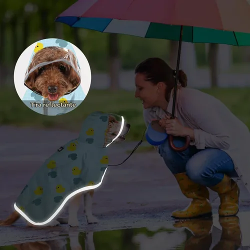 Vista 7 de SlowTon Chubasquero para perros, chaqueta de lluvia ajustable para perros con capucha transparente de doble capa, poncho impermeable con tiras