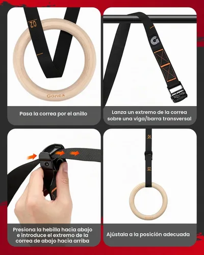 Vista 6 de Gonex Wooden Gymnastic Rings with Adjustable Straps Olympic Pull Up Rings
