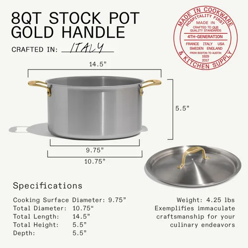 Vista 2 de Made In Cookware - 8 Quart Stainless Steel Stock Pot With Lid (Antique Brass Handle) - 5 Ply Stainless Clad - Professional Cookware - Crafted in