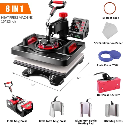 Vista 6 de Prensa de calor profesional, máquina de prensa de calor 8 en 1 para camisetas, máquina de prensa de camisas de 15 x 12 pulgadas, máquina