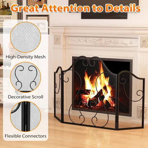 Vista 7 de Tangkula Pantalla de chimenea de 3 paneles, cubierta plegable de protección contra chispas con pergamino decorativo, puerta de chimenea