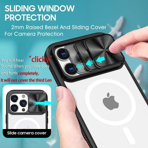 Vista 3 de Funda MagSafe transparente de titanio compatible con iPhone 15 Pro con cubierta deslizante para cámara, imanes fuertes, antiamarilleo, a prueba