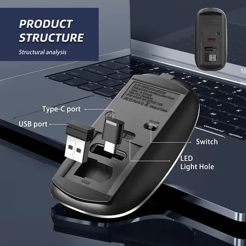 Vista 6 de Halpilt Ratón Inalámbrico Recargable Portátil Silencioso USB-A y Tipo C Modo Dual Ratón Inalámbrico 3 DPI Ajustables para Laptop, Mac, Android, PC