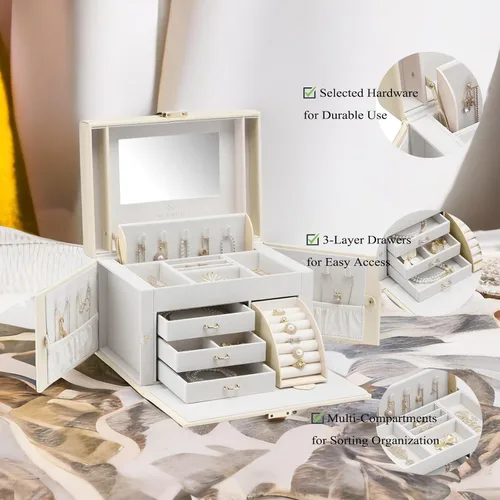Vista 3 de Vlando Organizador de joyero con espejo, caja de almacenamiento de joyería de cuero, collares, aretes, anillos, soportes, relojes, caja