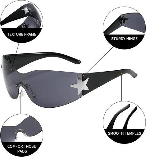 Vista 6 de Kepoita Gafas de sol Y2k sin montura para mujer, de gran tamaño, retro, a la moda, protección futurista, envolvente, sin marco, Marco negro gris.