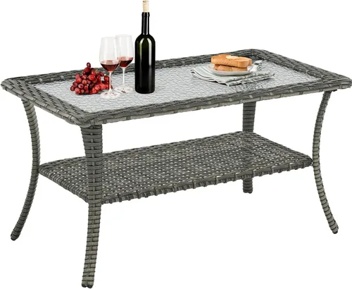 Vista 38 de Belord Mesa auxiliar pequeña para exteriores, mesa de mimbre de vidrio templado, mesa de centro impermeable para patio, mesa auxiliar de ratán