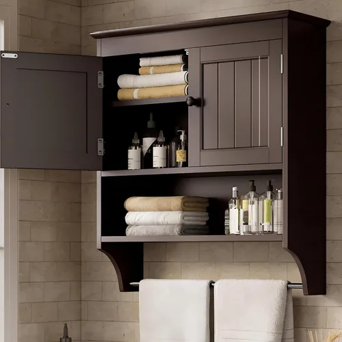 Vista 3 de Bealife - Gabinete de baño montado en la pared con barra para toallas y estantes ajustables, gabinete de almacenamiento sobre el inodoro, gabinete