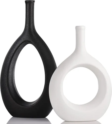 Vista 13 de Juego de 2 jarrones de cerámica de oro negro, moderno círculo hueco con agujero para decoración del hogar, centros de mesa, granja, chimenea, sala