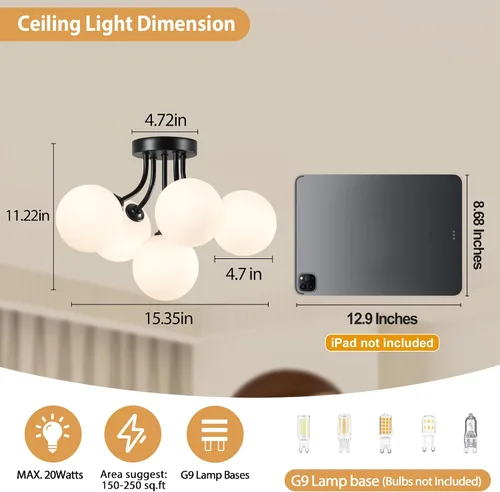 Vista 4 de Lámpara de techo Sputnik negra montaje semiempotrado lámpara de techo de 5 luces con globo blanco lechoso moderna lámpara de araña Sputnik