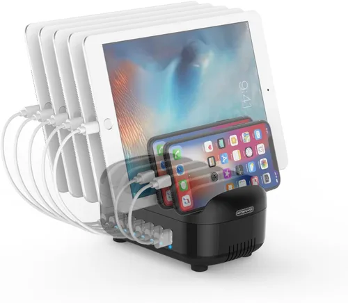 Vista 2 de Estación de carga de 7 puertos para múltiples dispositivos, organizador de estación de carga de 70 W, acoplamiento de carga USB con ventilador