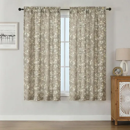 Vista 23 de Chyhomenyc Cortinas de mezcla de lino de 63 pulgadas de largo, 2 paneles de cortina con estampado floral filtrante de luz para sala de estar