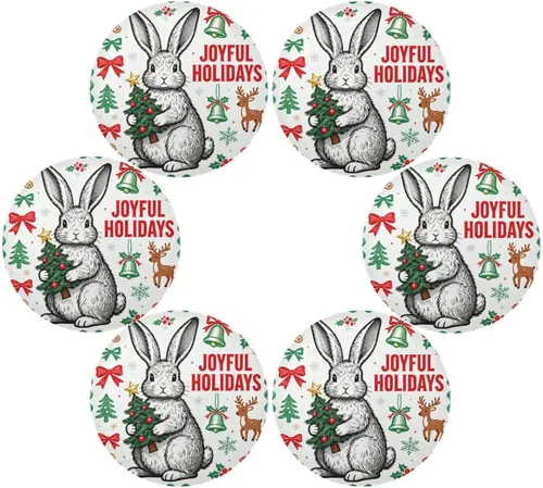 Vista 3 de Mantel individual verde con diseño de conejo de Feliz Navidad 15x15 en manteles para mesa de comedor