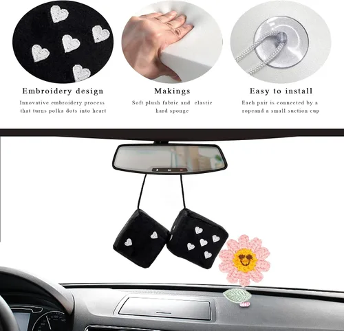 Vista 3 de 1 par de dados de felpa mullidos para espejo de automóvil, dados cuadrados retro de 3 pulgadas con forma de corazón, adorno colgante de dados retro