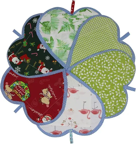 Vista 6 de 2 tapetes de tela en forma de corazón para cocina, almohadillas 100% algodón resistentes al calor con lazo para colgar, agarraderas decorativas